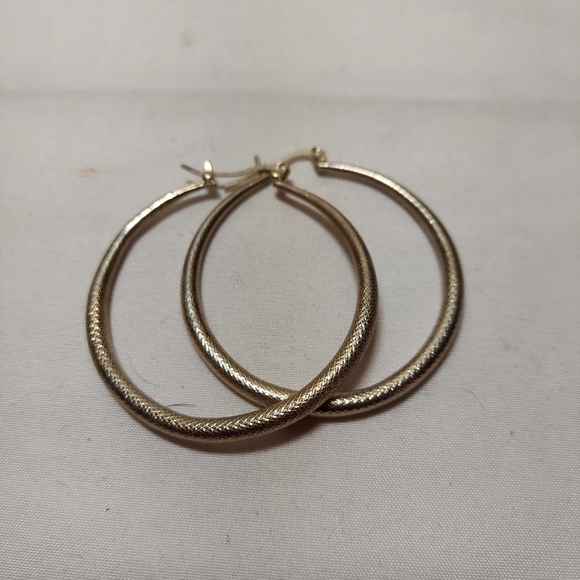 3 pair Silver tone  hoop earrings with texture. 2" dangle round - Picture 3 of 5
